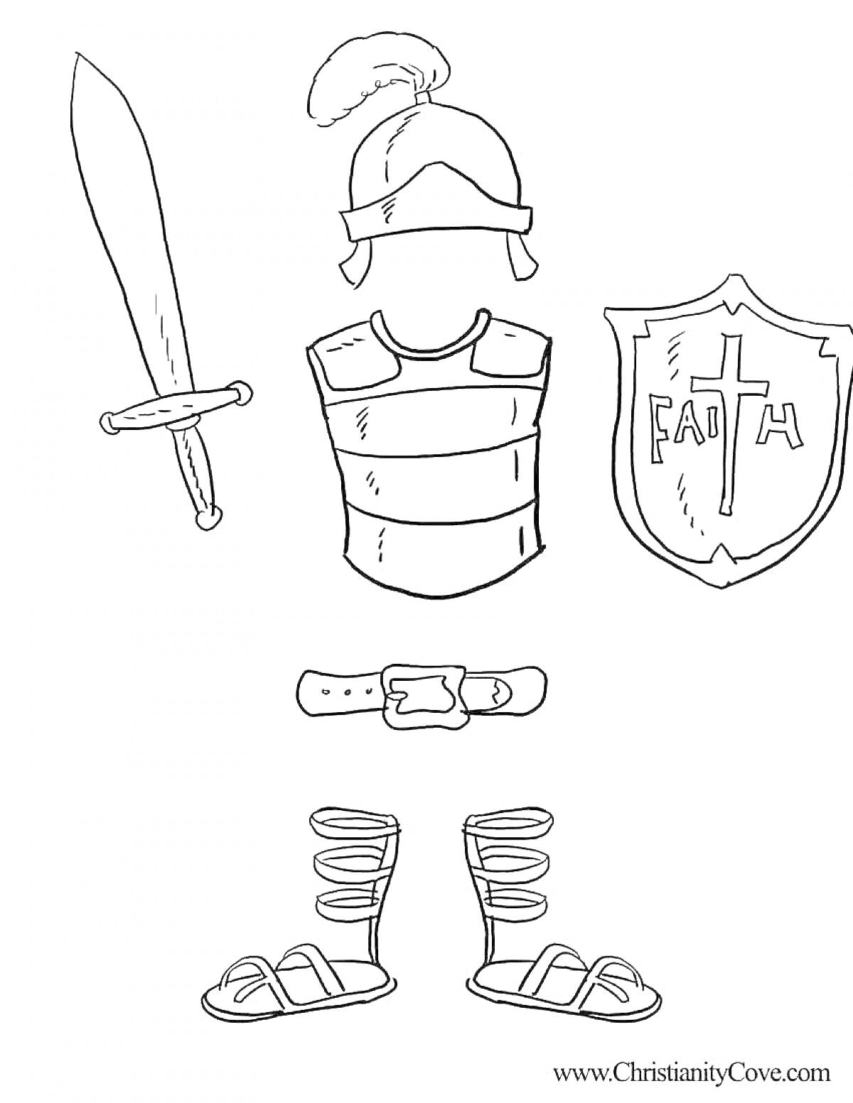 На раскраске изображено: Доспехи, Меч, Щит, Надпись, Пояс, Сандалии