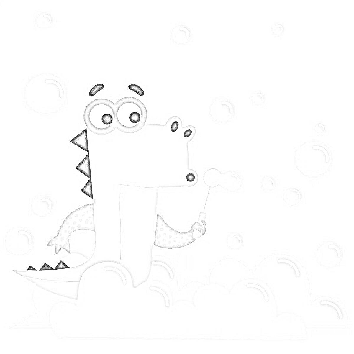 На раскраске изображено: Динозавр, Пузыри, Мыльные пузыри, Учи ру, Ванна, Ребенок, Веселье