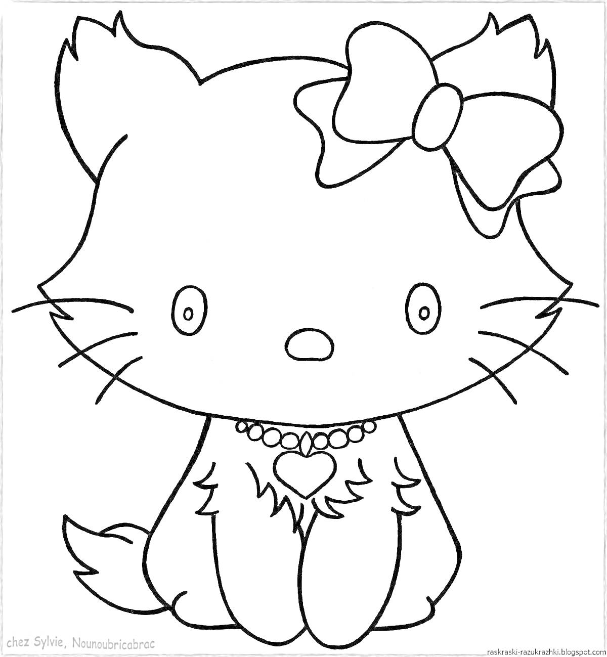 Раскраска Кошка с бантиком и ожерельем-сердечком