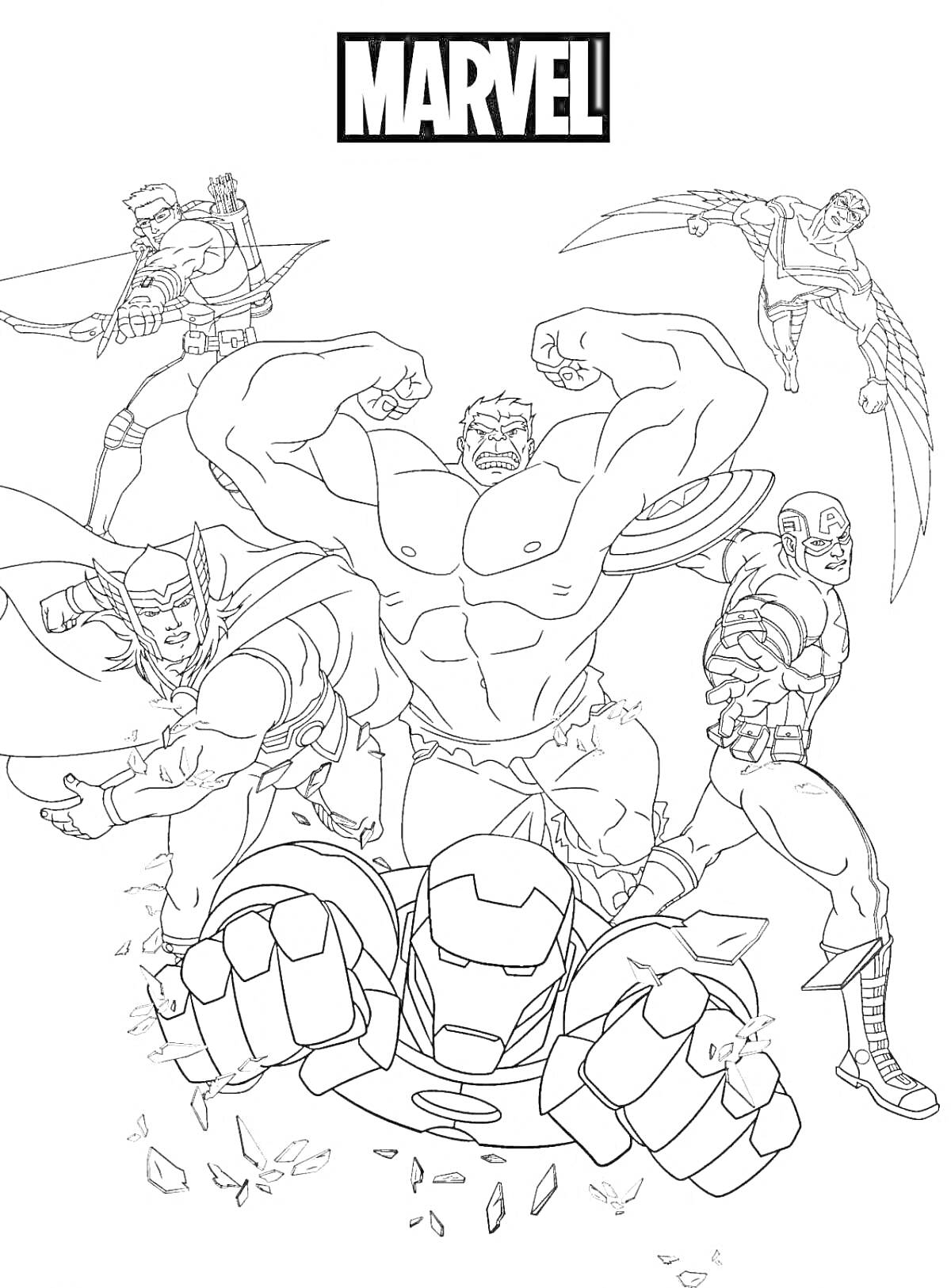 Раскраска Черно-белая раскраска с персонажами Marvel: лучшие герои, входящие в команду Мстителей