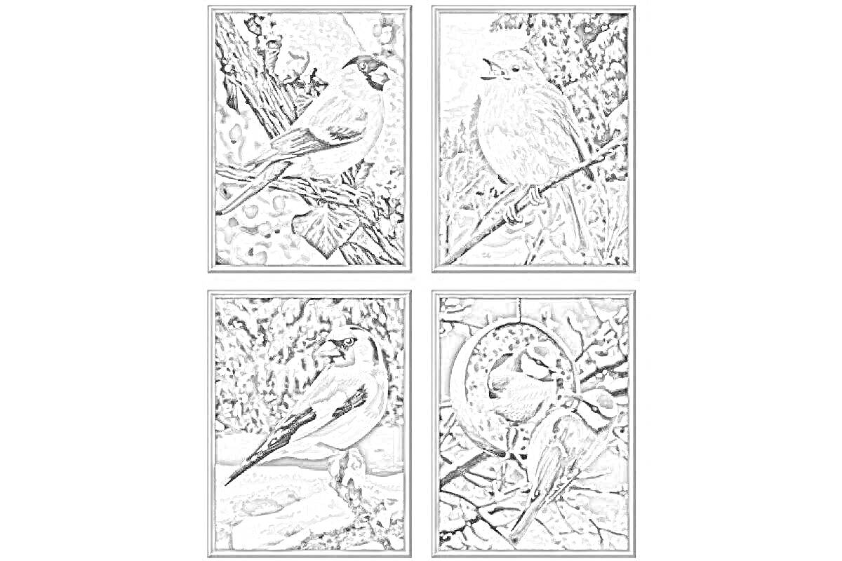 На раскраске изображено: Зимующие птицы, Снегирь, Синица, Ветка, Зима, Природа