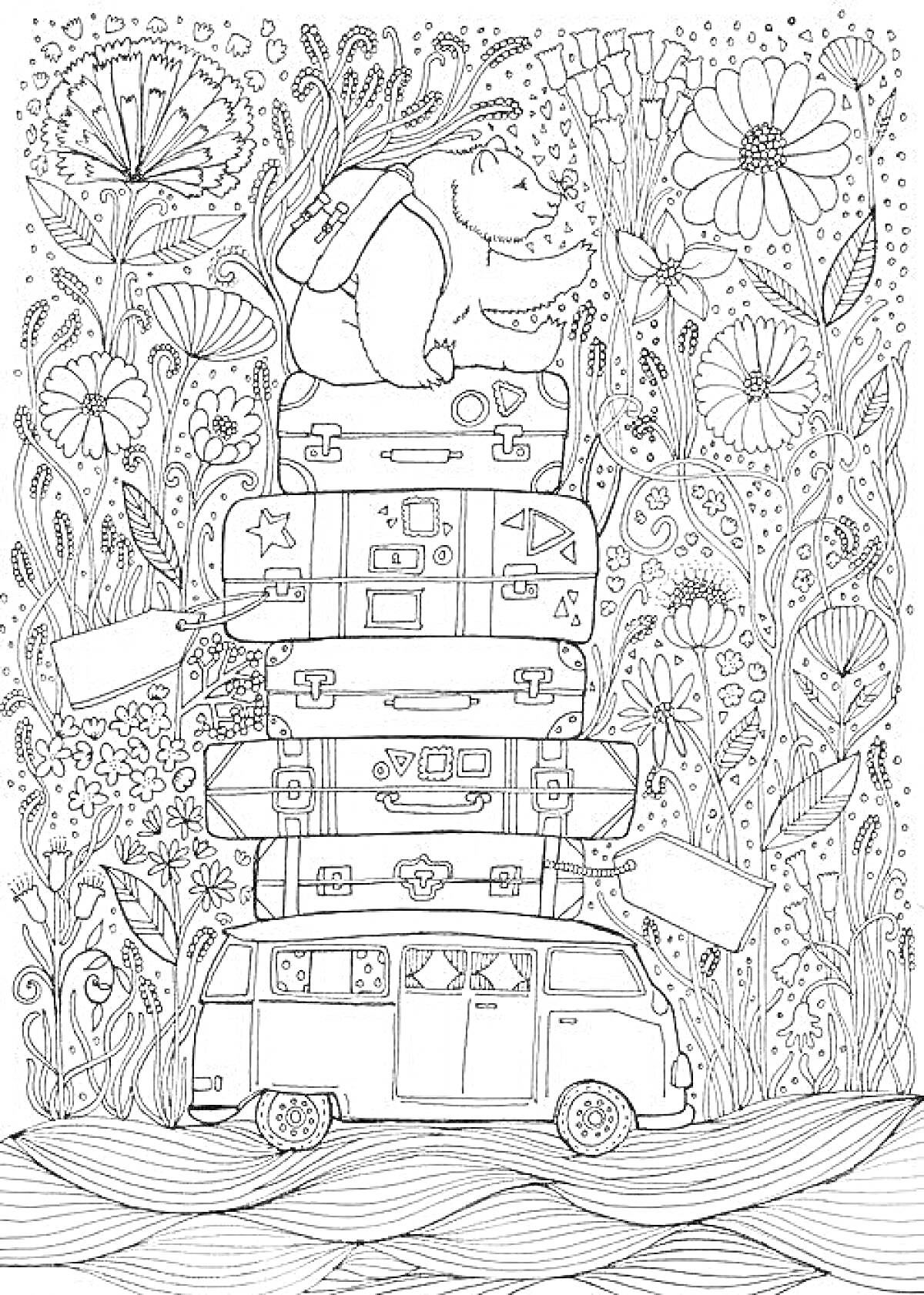 На раскраске изображено: Антистресс, Багаж, Медведь, Цветы, Природа, Чемоданы, Рюкзак, Дороги, Машины, Путешествия
