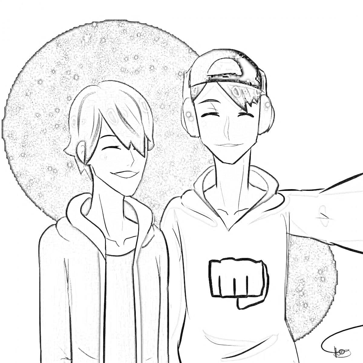 Раскраска Два персонажа в наушниках и толстовках на фоне звездного неба, селфи двоих друзей