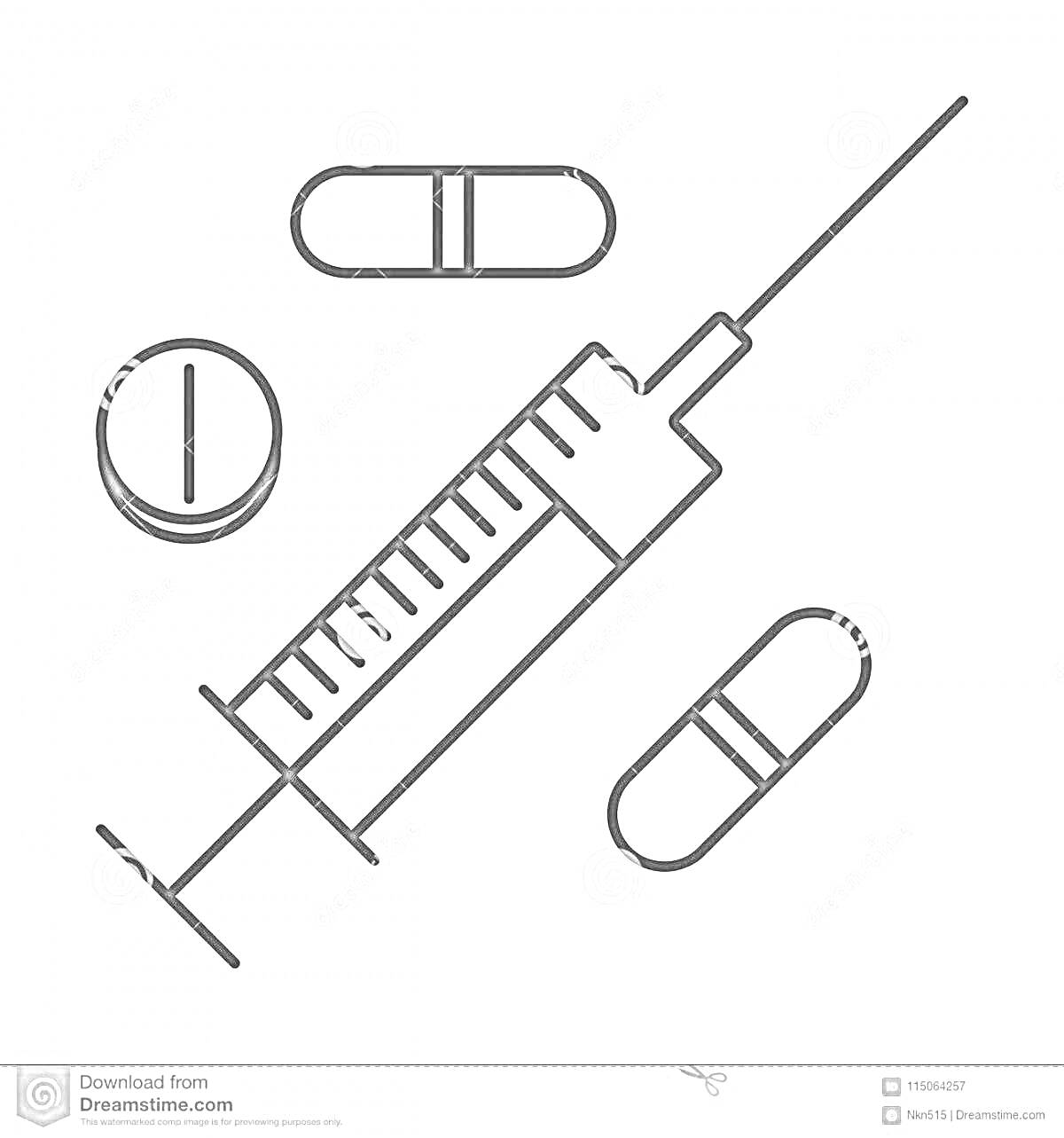 Раскраска Шприц, таблетки, капсулы