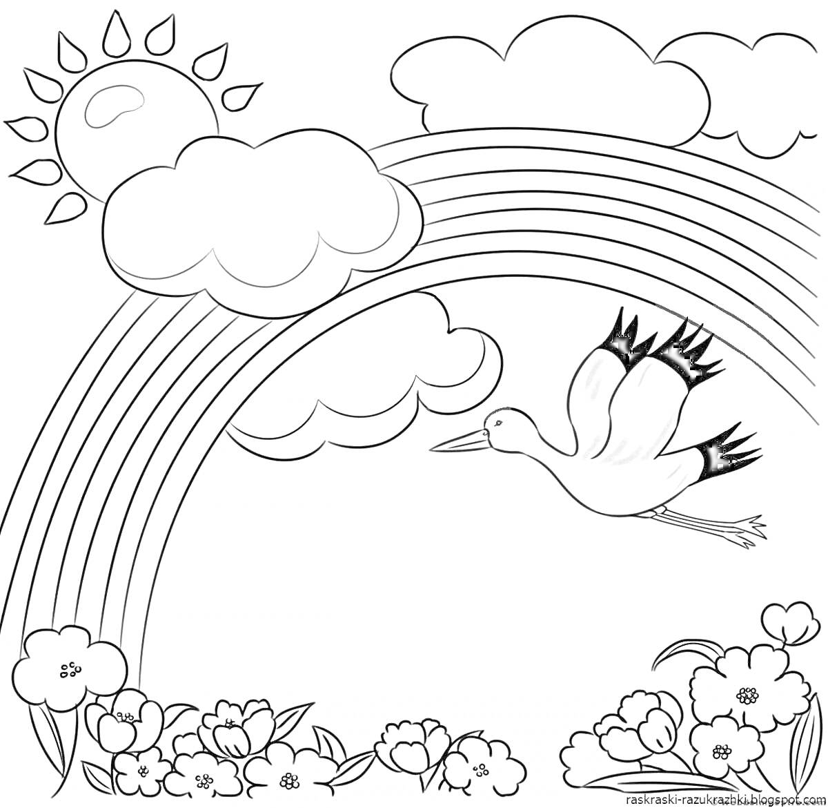 Раскраска Аист летит над радугой, солнце, облака и цветы