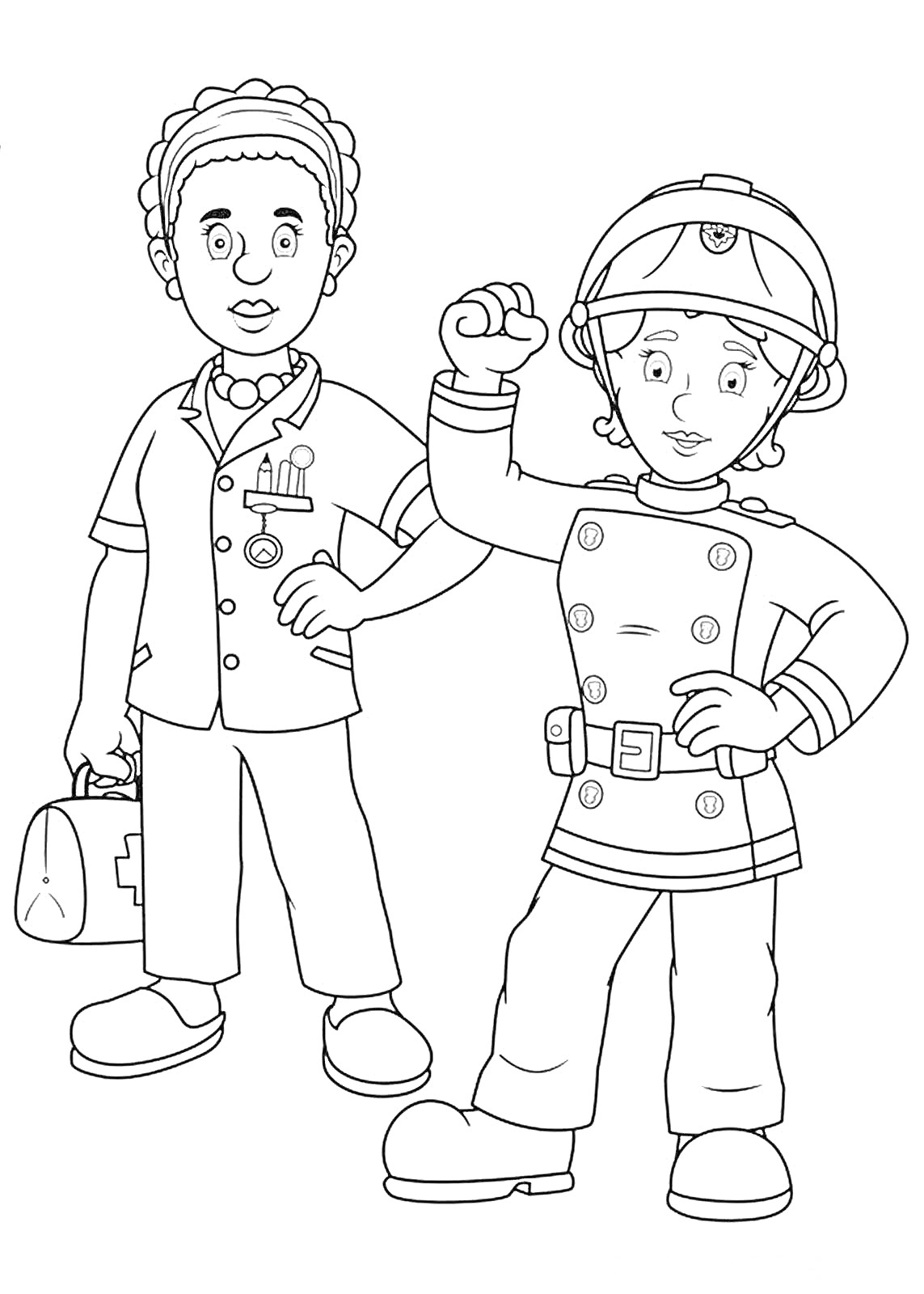 Раскраска Пожарный Сэм и медицинская сестра с чемоданчиком первой помощи