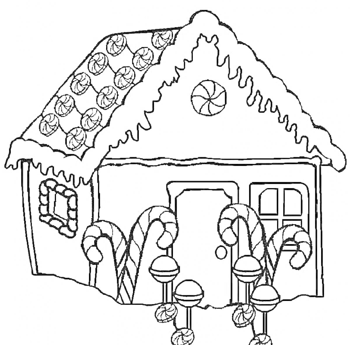 Раскраска Пряничный домик с карамельными тросточками, леденцами и окнами