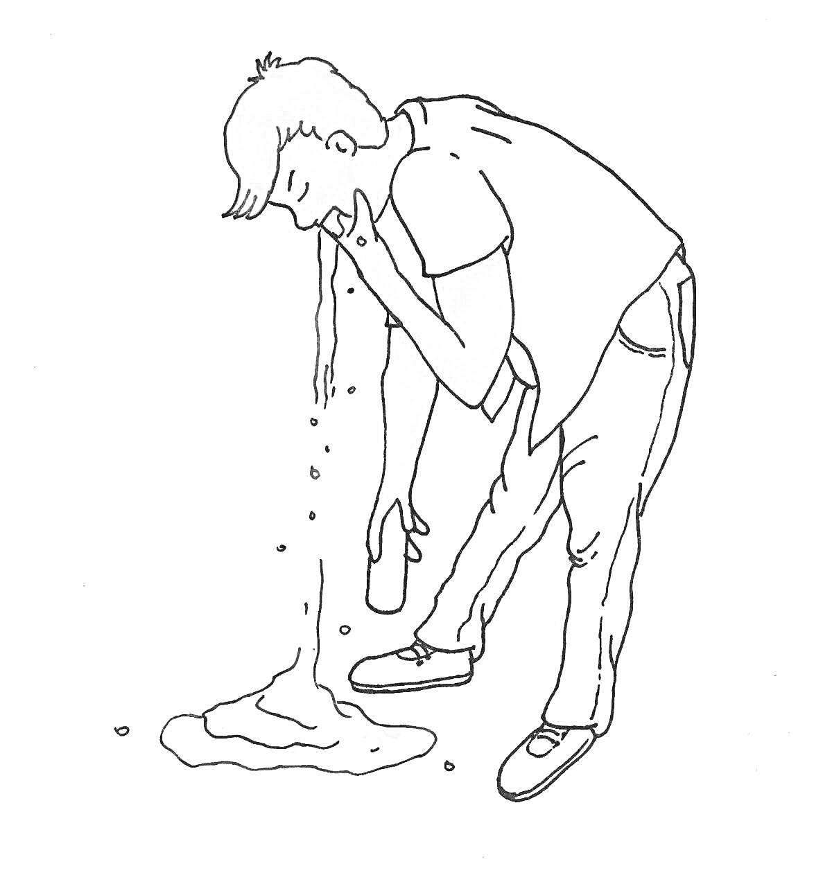 Раскраска Человек в футболке и брюках, держит кастрюлю, рвота на полу