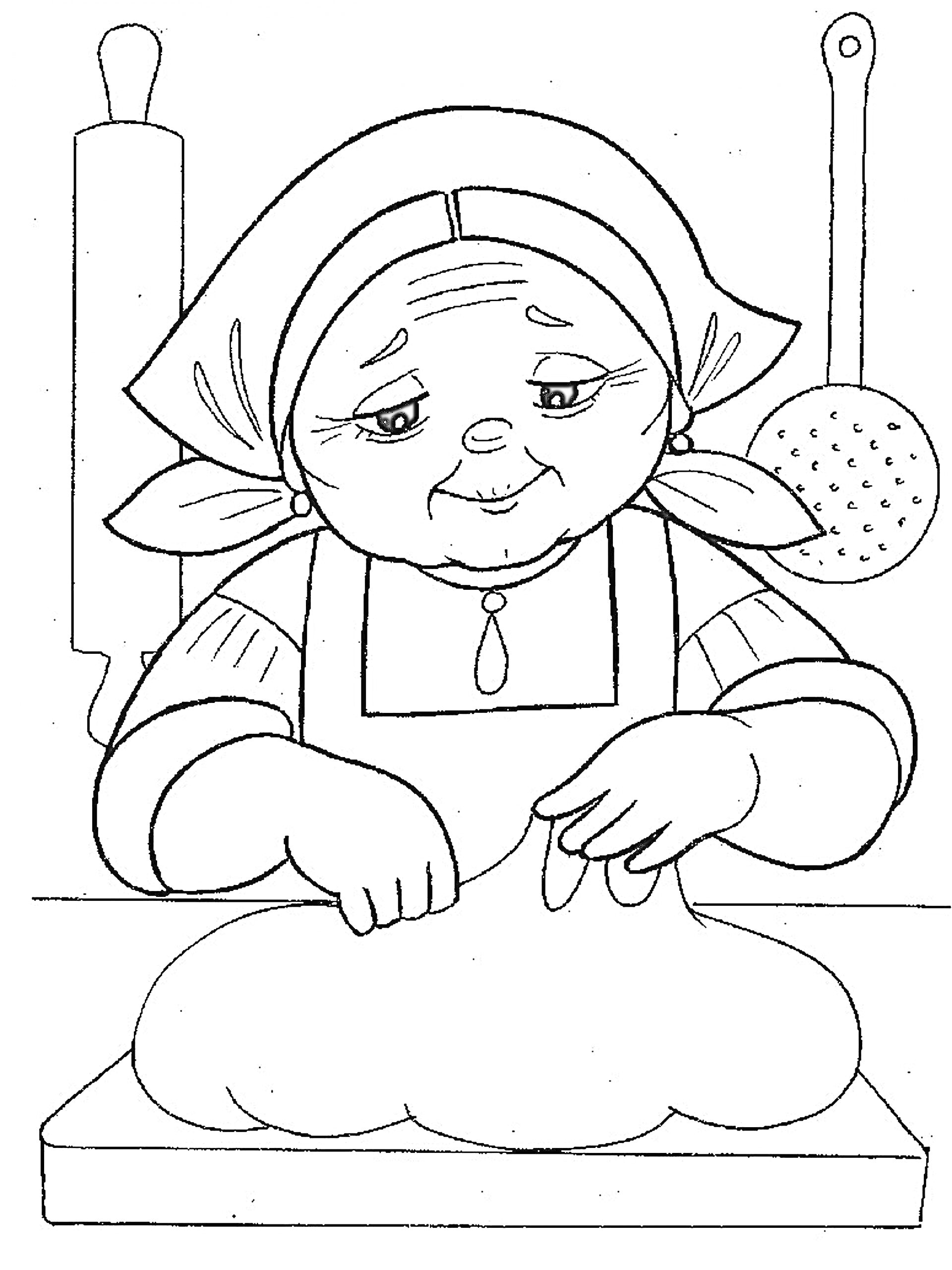 Раскраска Бабушка готовит тесто на кухне, скалка и шумовка на заднем плане