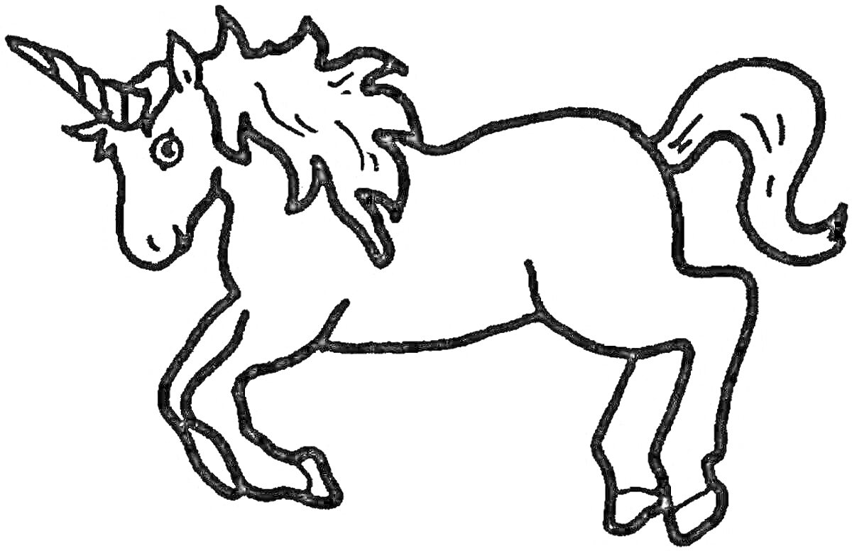 Раскраска Единорог с гривой и хвостом, стоящий на задних ногах