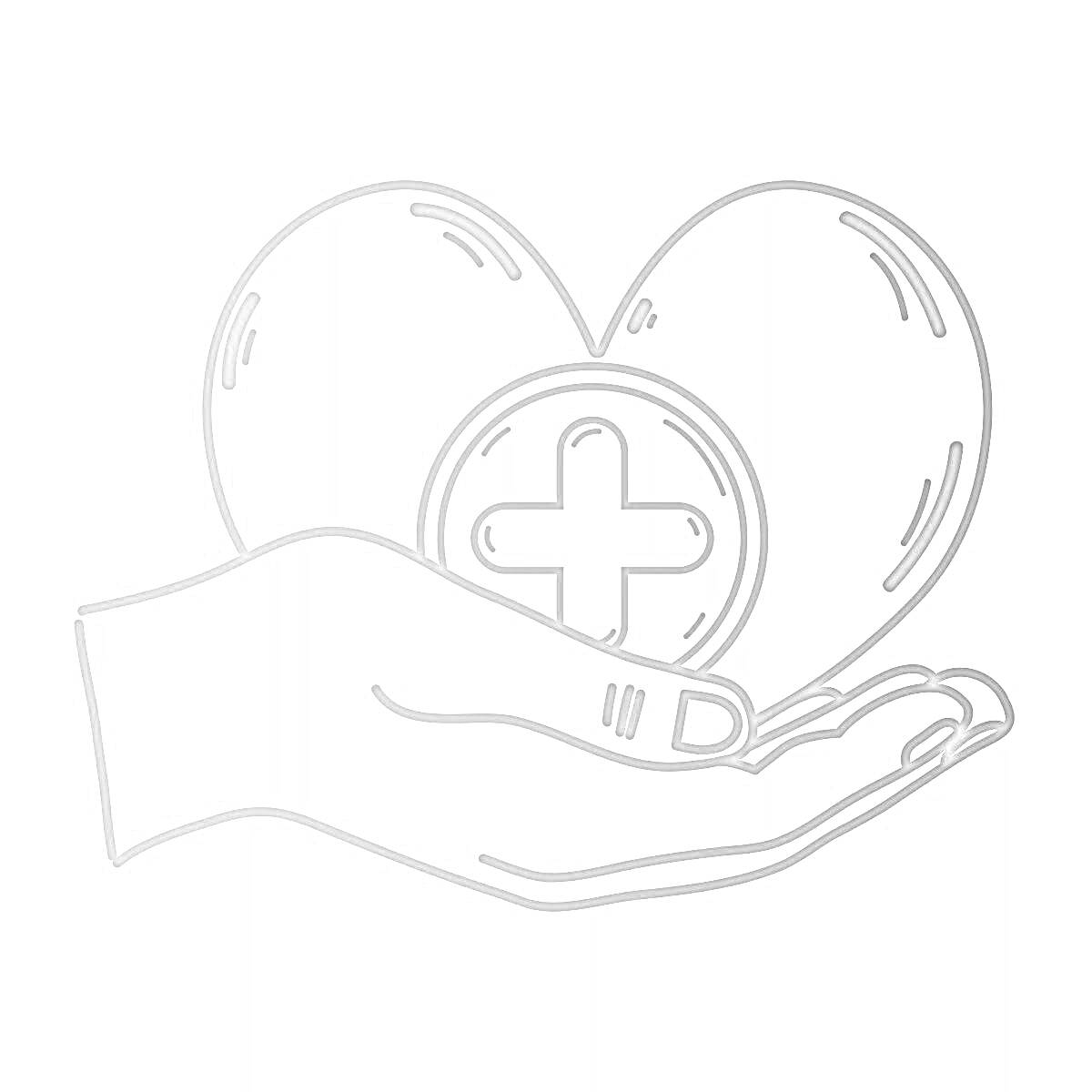 На раскраске изображено: Рука, Медицинский крест, Благодарность