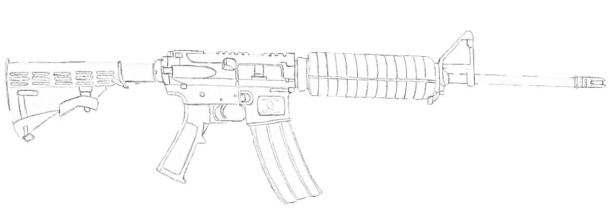 Рисунок карабина М4 с прикладом, курком, магазином, стволом и цевьем
