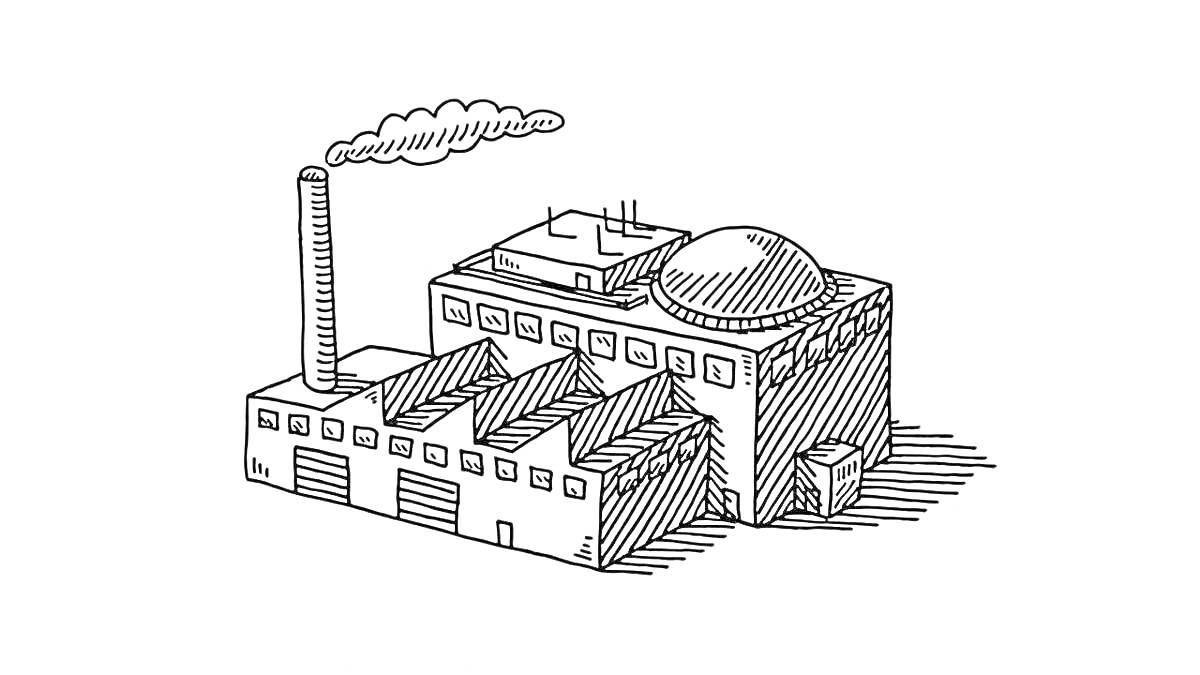 Завод с трубой, куполообразной крышей и складами с воротами