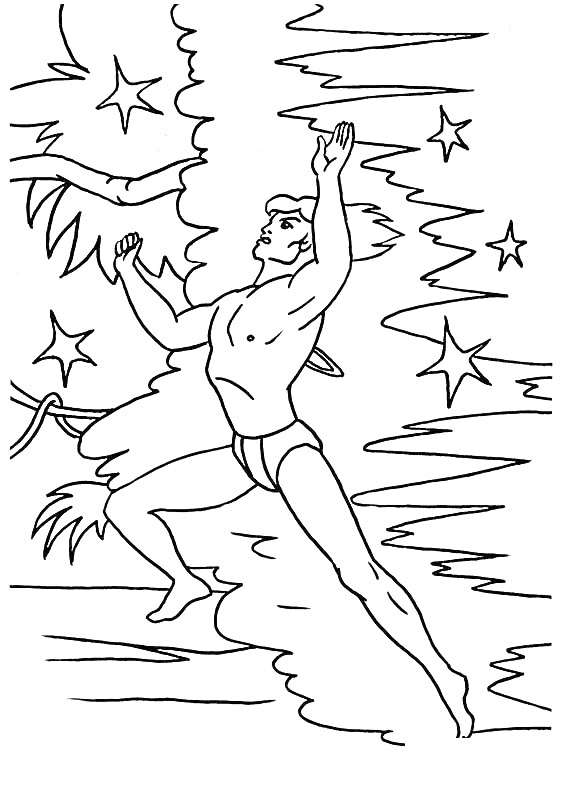 На раскраске изображено: Маугли, Мальчик, Лес, Деревья, Звезды, Ночь, Природа