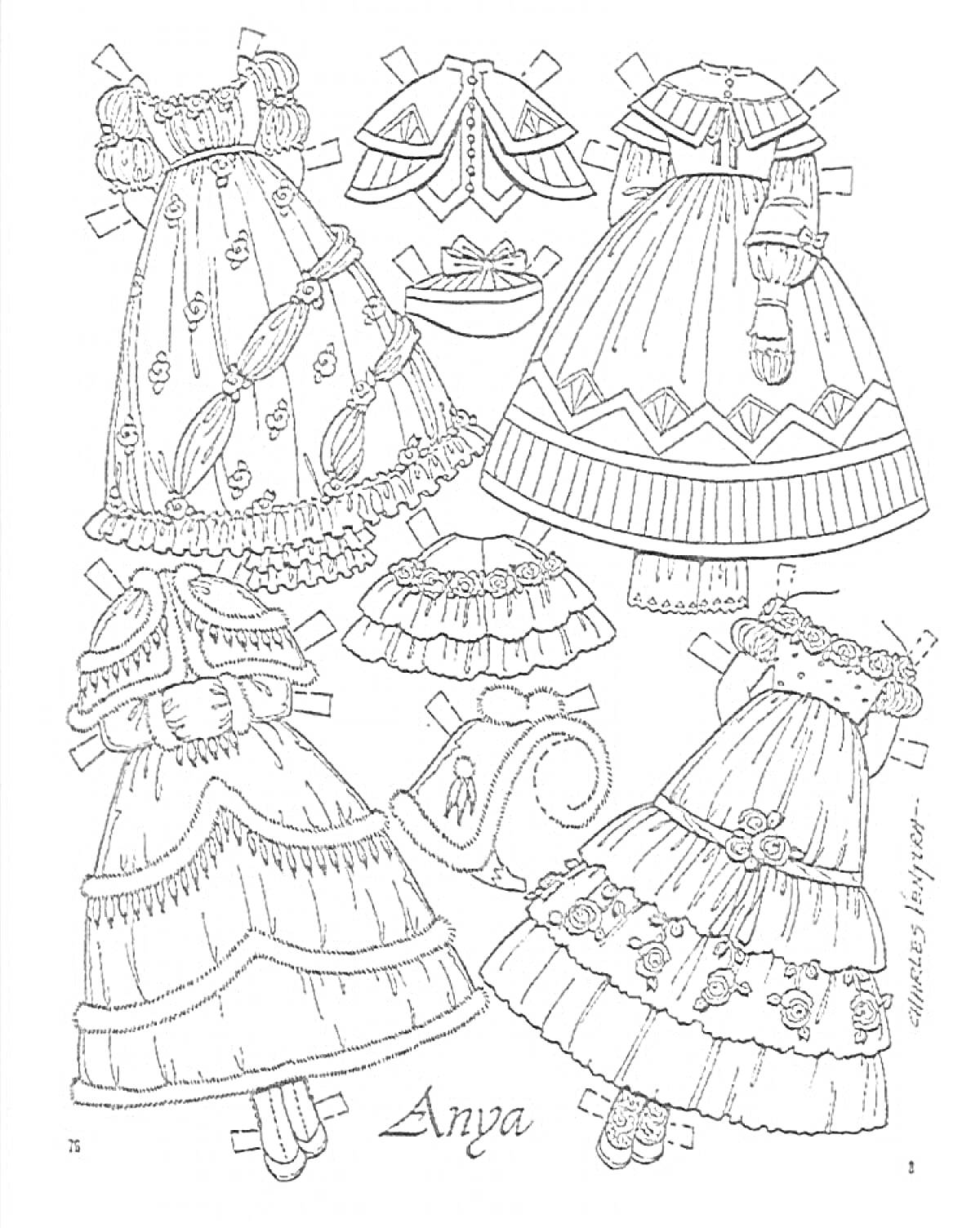 Раскраска Раскраска с платьями для куклы, включает 7 предметов: три платья, один пелерина, одна шляпка, одна юбка, одна накидка.