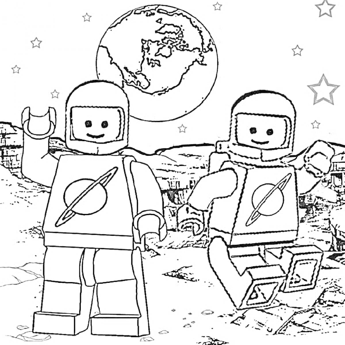 Раскраска Космические Лего-фигурки на фоне Луны с ландшафтом и звездами