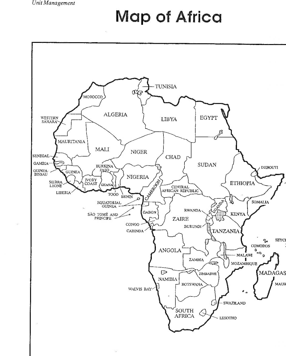 Раскраска Карта Африки с контуром стран и названиями всех стран и столиц