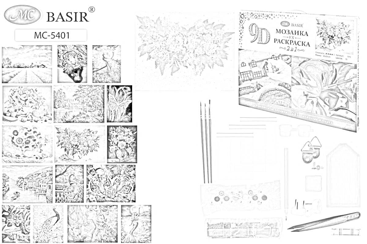 Алмазная мозаика и раскраска по номерам, набор №5401, цветочные композиции, лесные пейзажи, животные, кисточки, карандаши, инструменты для выкладки мозаики