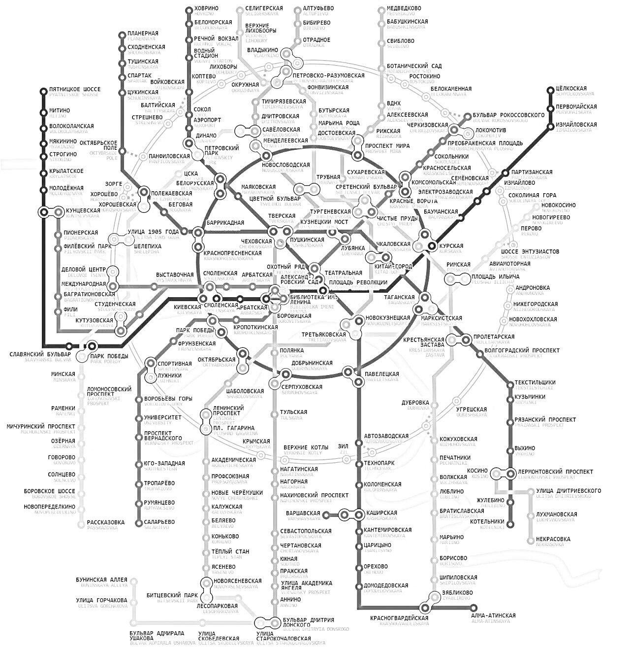 Схема метро Москвы с обозначением всех линий и станций