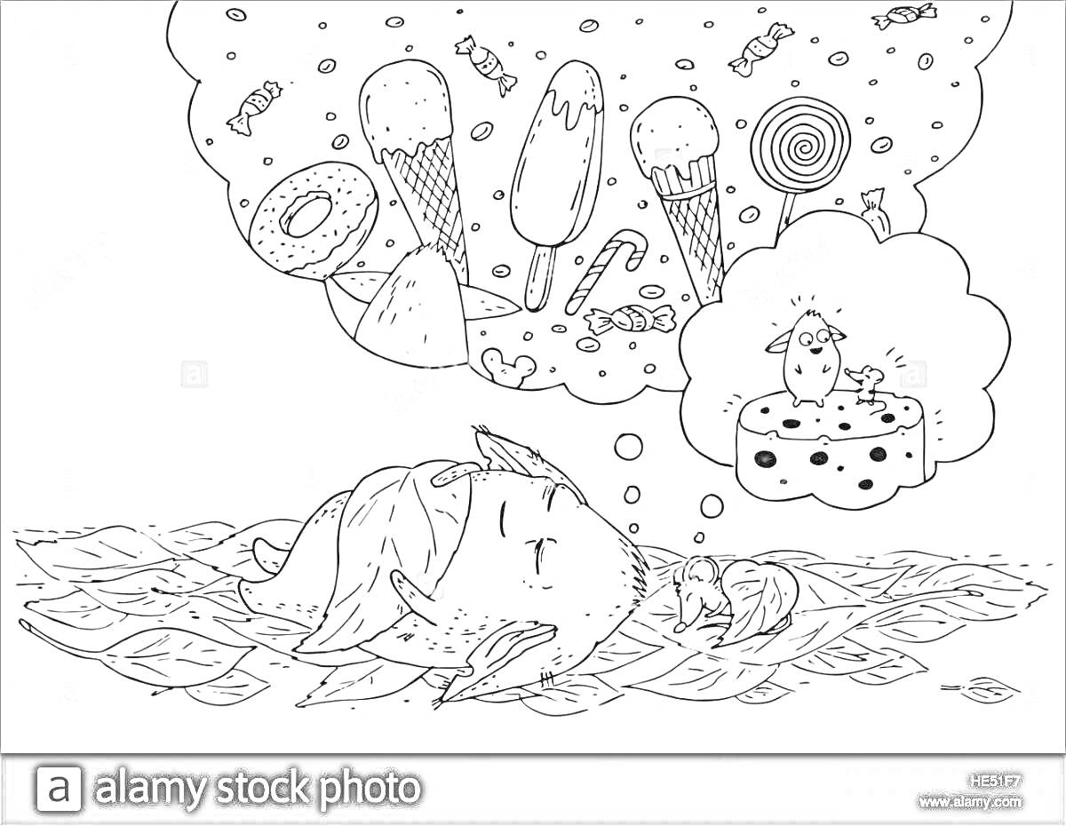 На раскраске изображено: Сон, Мальчик, Сладости, Мороженое, Конфеты, Торт, Свечи