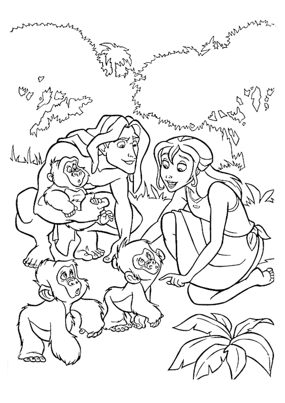 Раскраска Тарзан и женщина с тремя малышами-обезьянками в джунглях