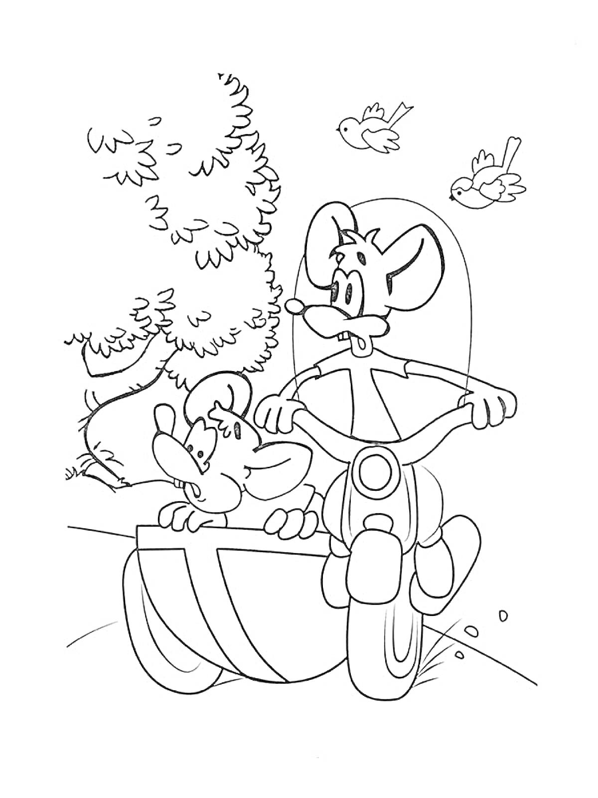 Раскраска Леопольд с мышонком на мотоцикле, дерево на заднем плане, две птицы летят