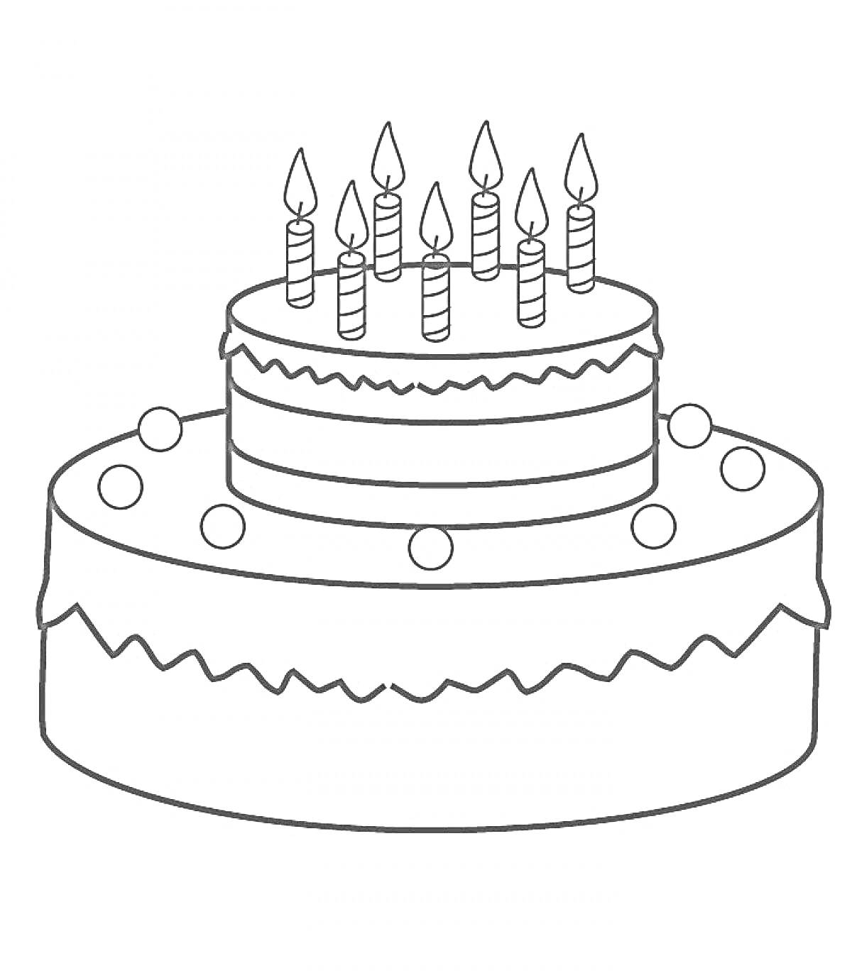 На раскраске изображено: Торт, Свечи, Украшения, День рождения, Праздничный торт, Десерты, Шары