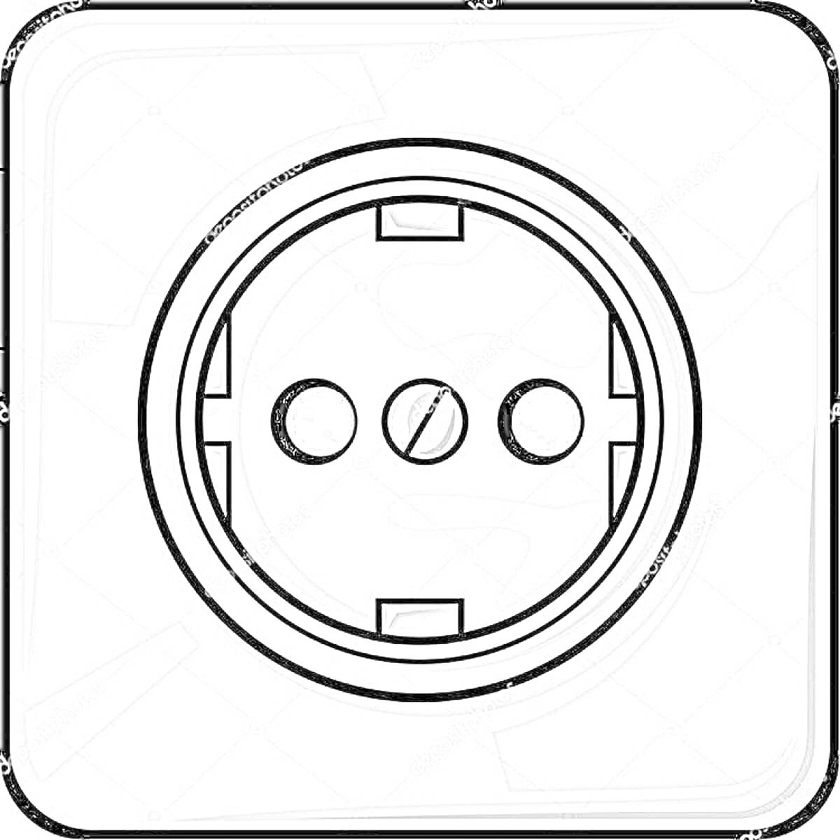 Раскраска Розетка с двумя отверстиями и заземляющими контактами на квадратной панели
