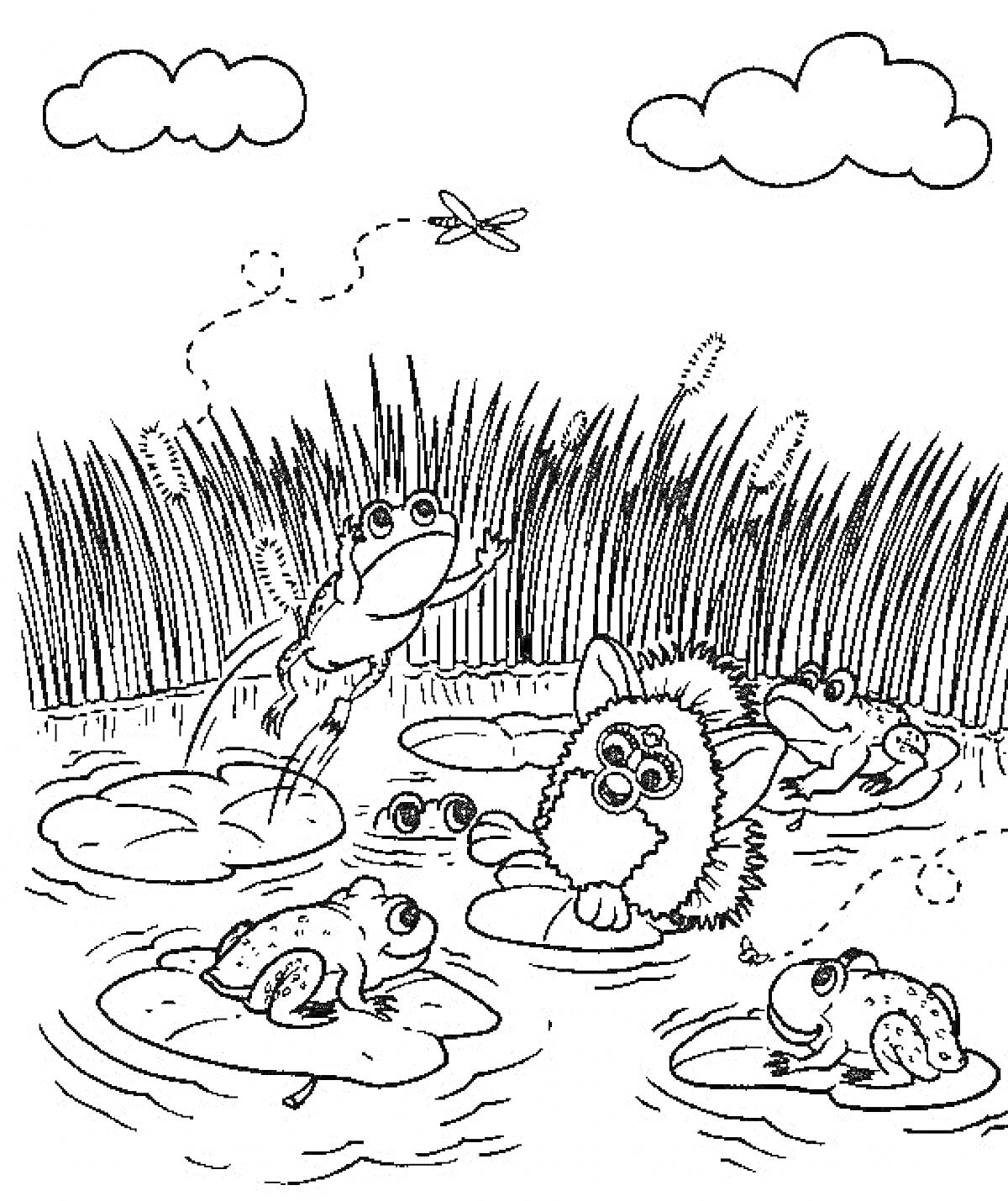 Раскраска Ферби Бум в пруду с лягушками, камышами, кувшинками и стрекозой