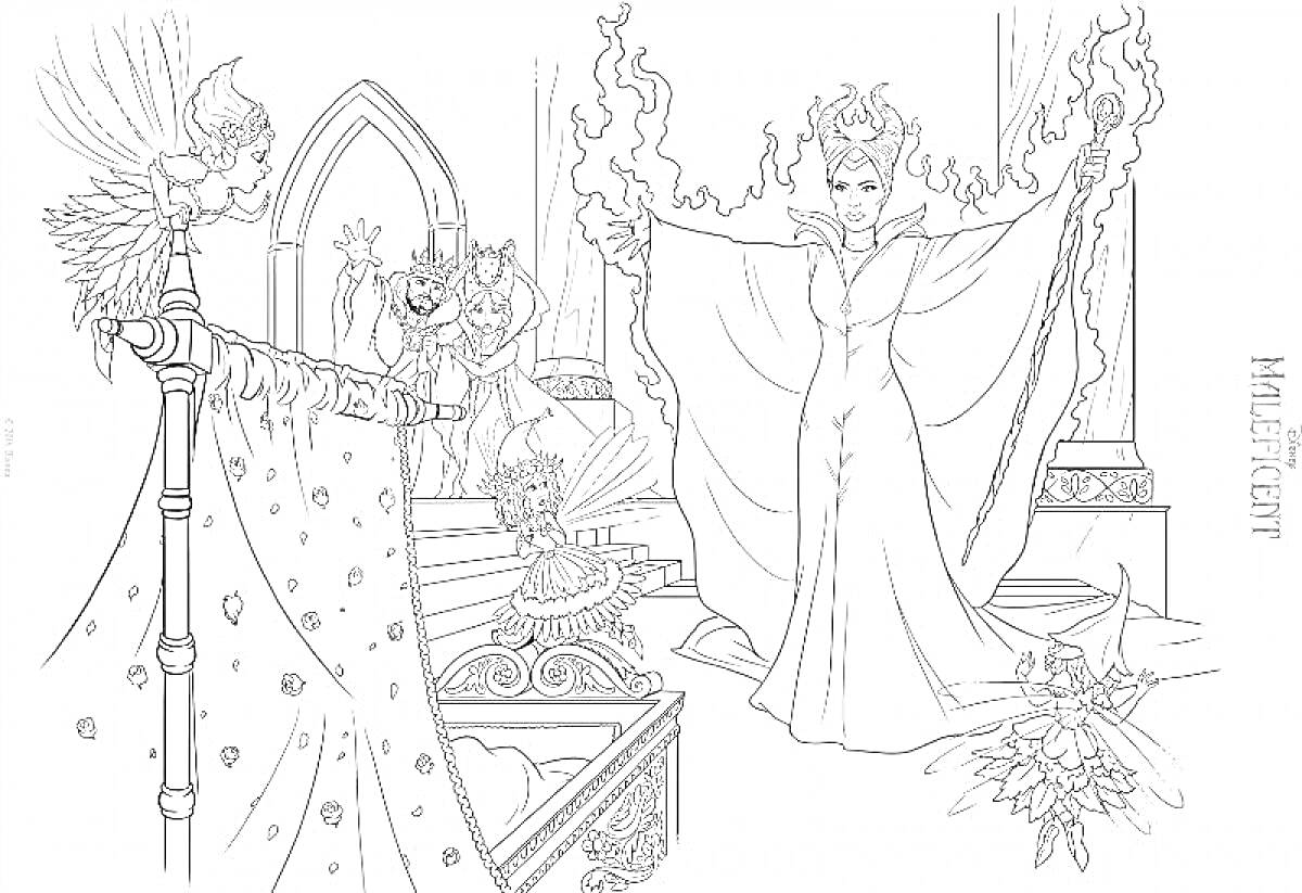 Раскраска Злая колдунья в замке с двумя птицами, горящими факелами, аркой и цветами на полу