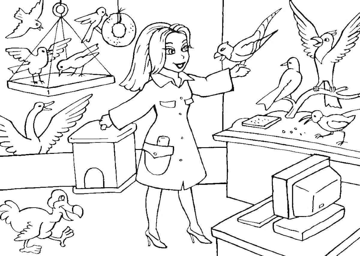 Раскраска женщина с птицами, компьютер, клетки с птицами, кормушка, коробка, дронт