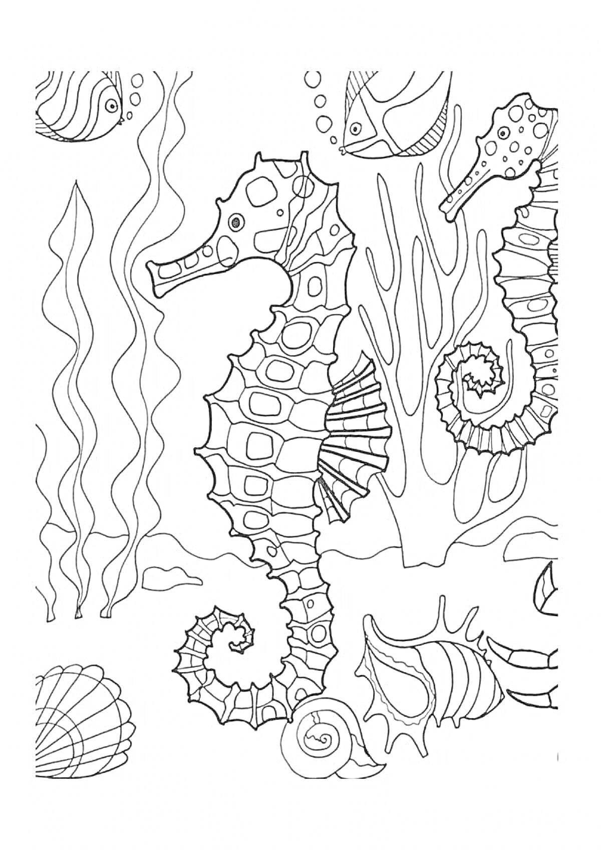 Раскраска Морской конек с рыбками, водорослями и ракушками