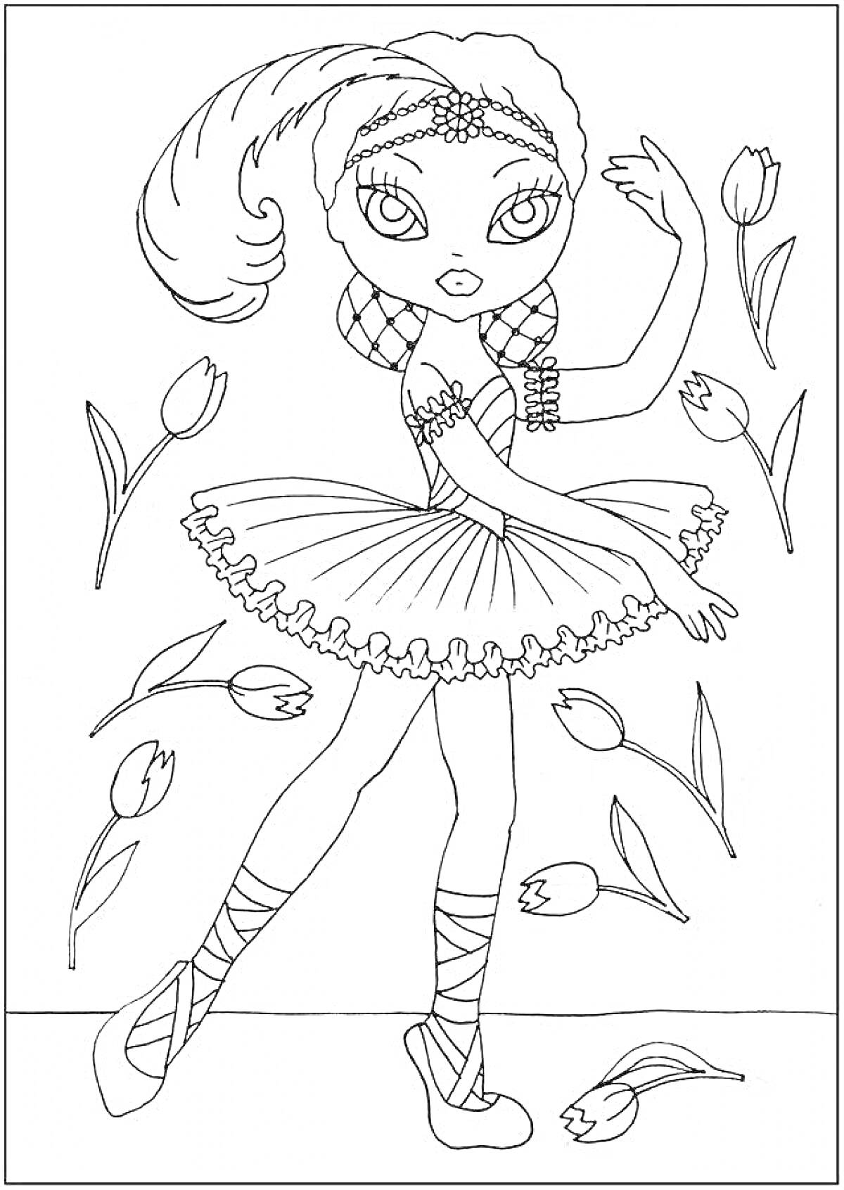 На раскраске изображено: Балерина, Тюльпаны, Танец, Цветы, Искусство, Творчество