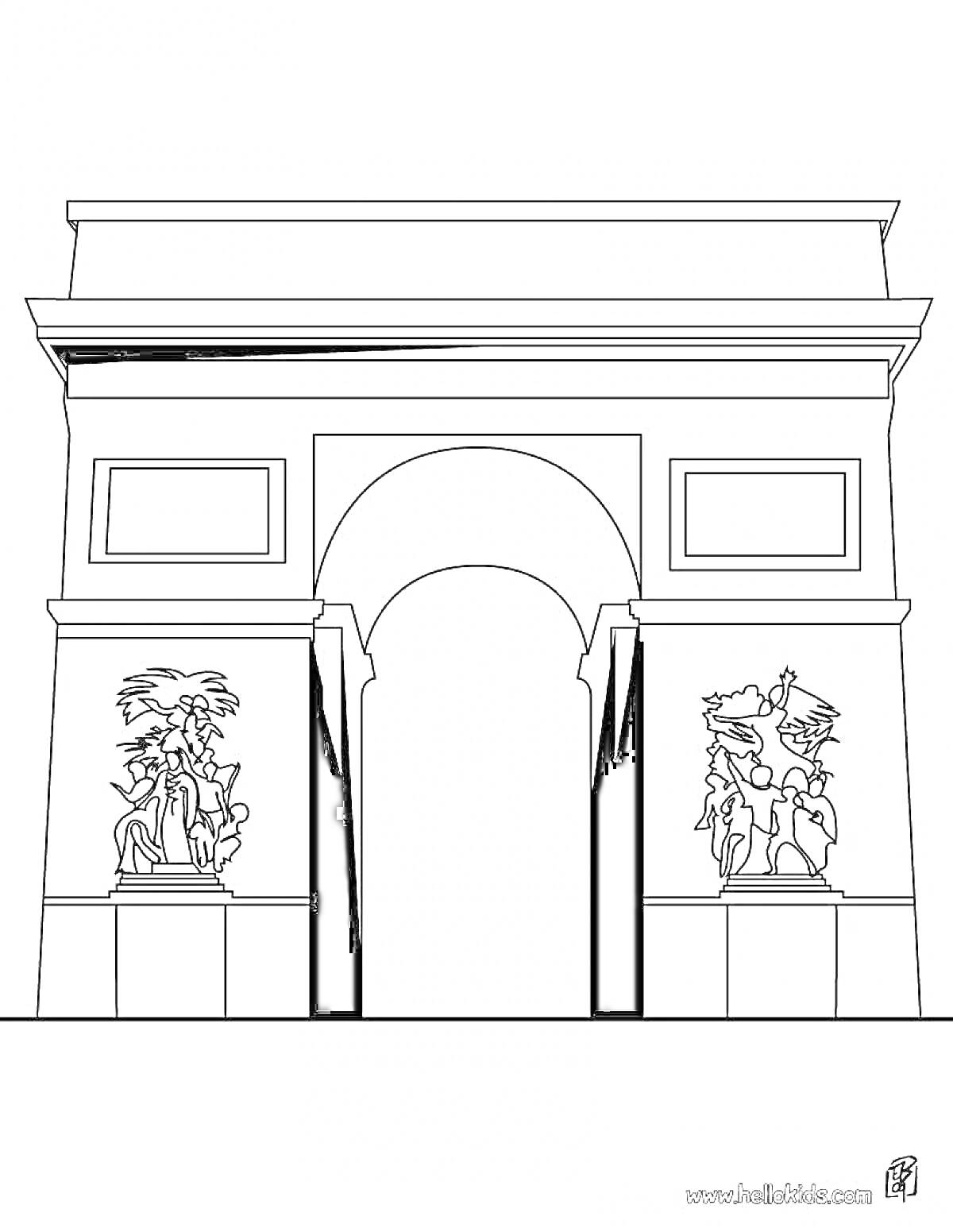 На раскраске изображено: Триумфальная арка, Архитектура, Арка, Париж, Франция