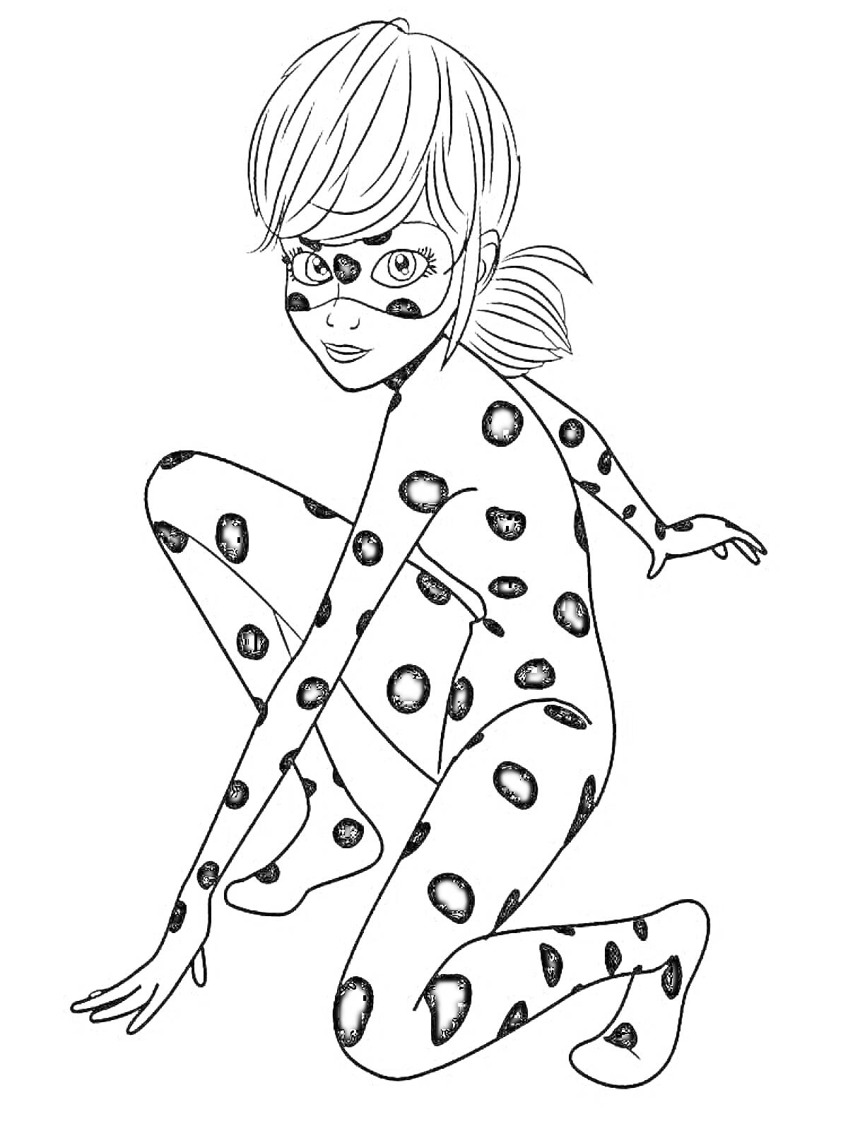 Раскраска Девушка в костюме с черными пятнами и маской на лице, на коленях