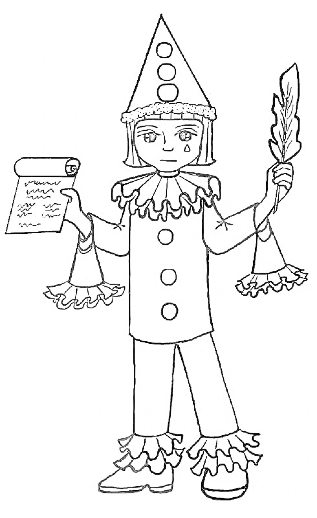 Раскраска Клоун с бумажным свитком и пером, в костюме с колпаком, сборами и большими пуговицами