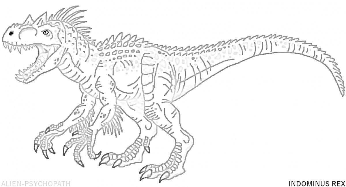 Раскраска Рисунок динозавра Индоминус Рекс с открытой пастью, шипами на спине и длинным хвостом.
