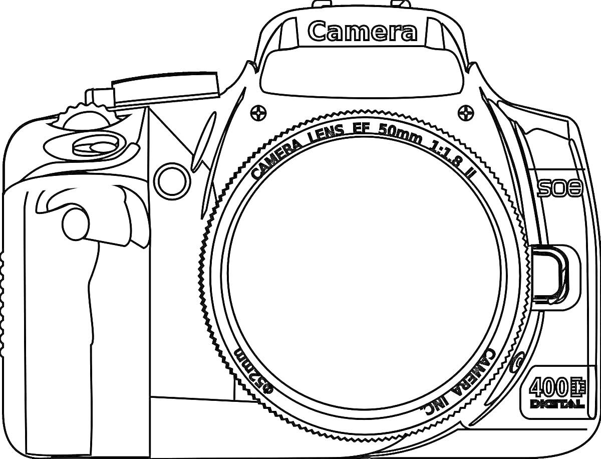 Раскраска Фотоаппарат без объектива с кнопками и надписями на корпусе, модель 400D DIGITAL