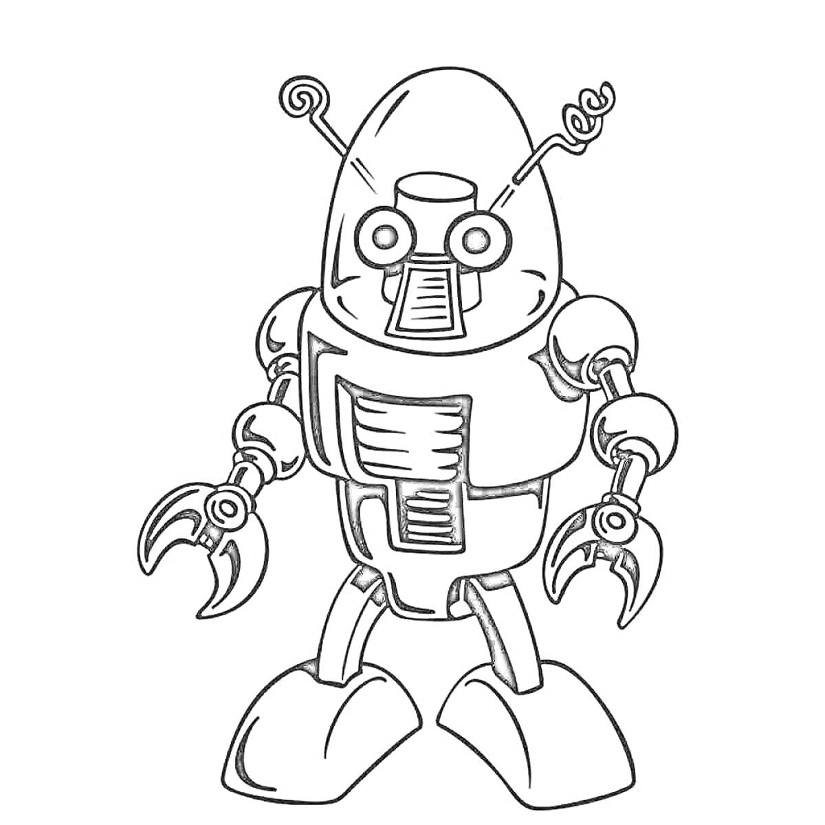 Робот с антеннами, гусеницы вместо ног, руки с клешнями