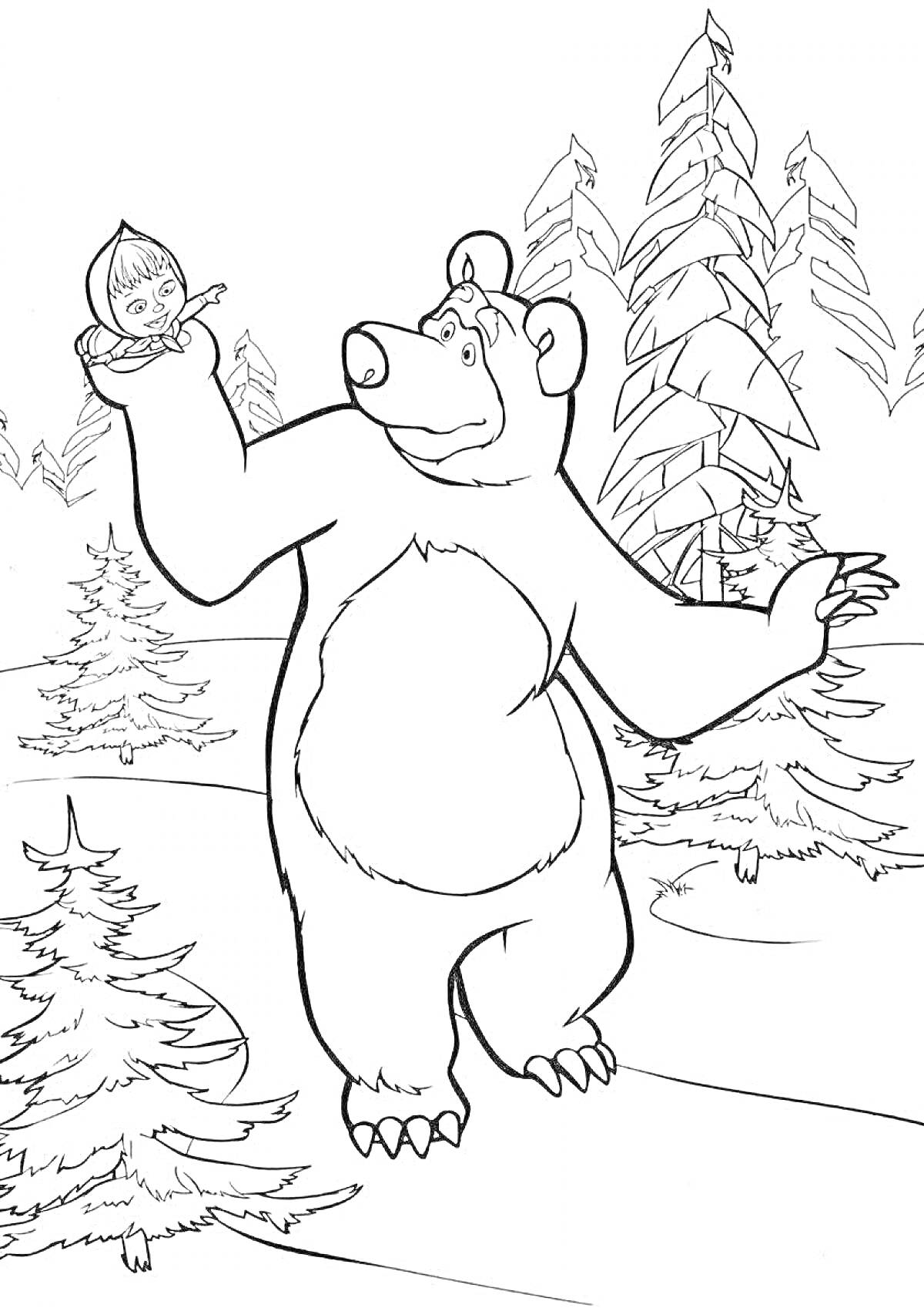На раскраске изображено: Медведь, Маша, Лес, Зима, Деревья