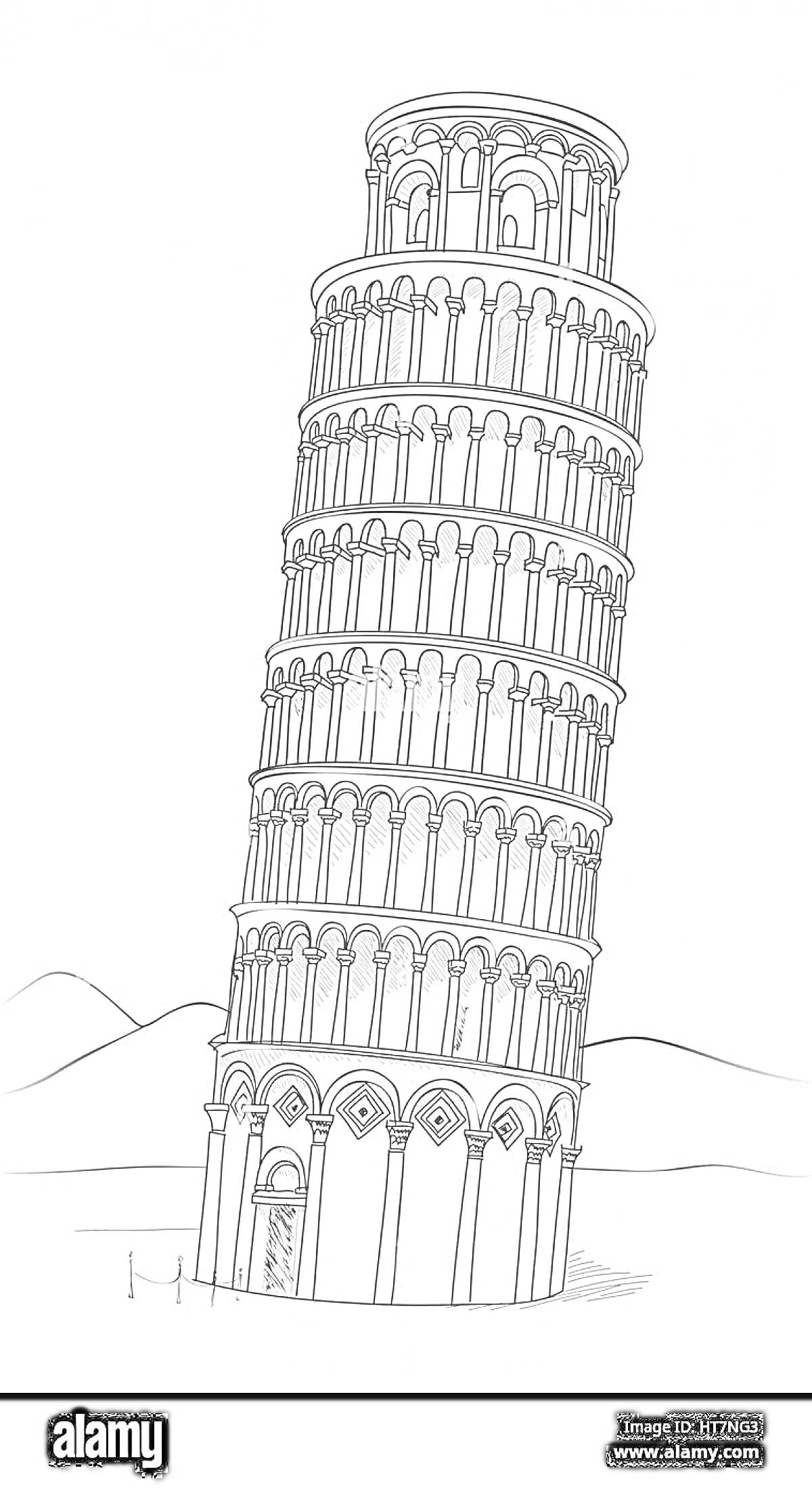 На раскраске изображено: Пизанская башня, Италия, Архитектура, Холмы