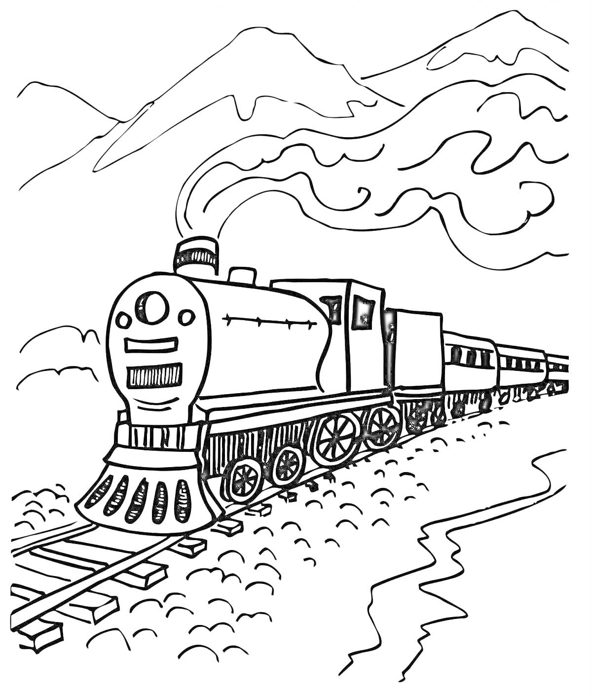 На раскраске изображено: Поезд, Железнодорожные пути, Горы, Паровоз, Природа