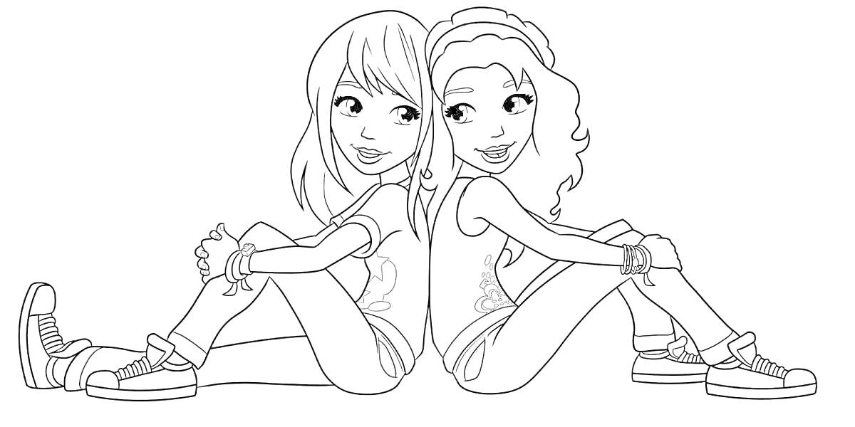 Раскраска две девочки, сидящие на полу спиной друг к другу, обе в футболках и джинсах, в кроссовках, с длинными волосами, одна с ободком на голове