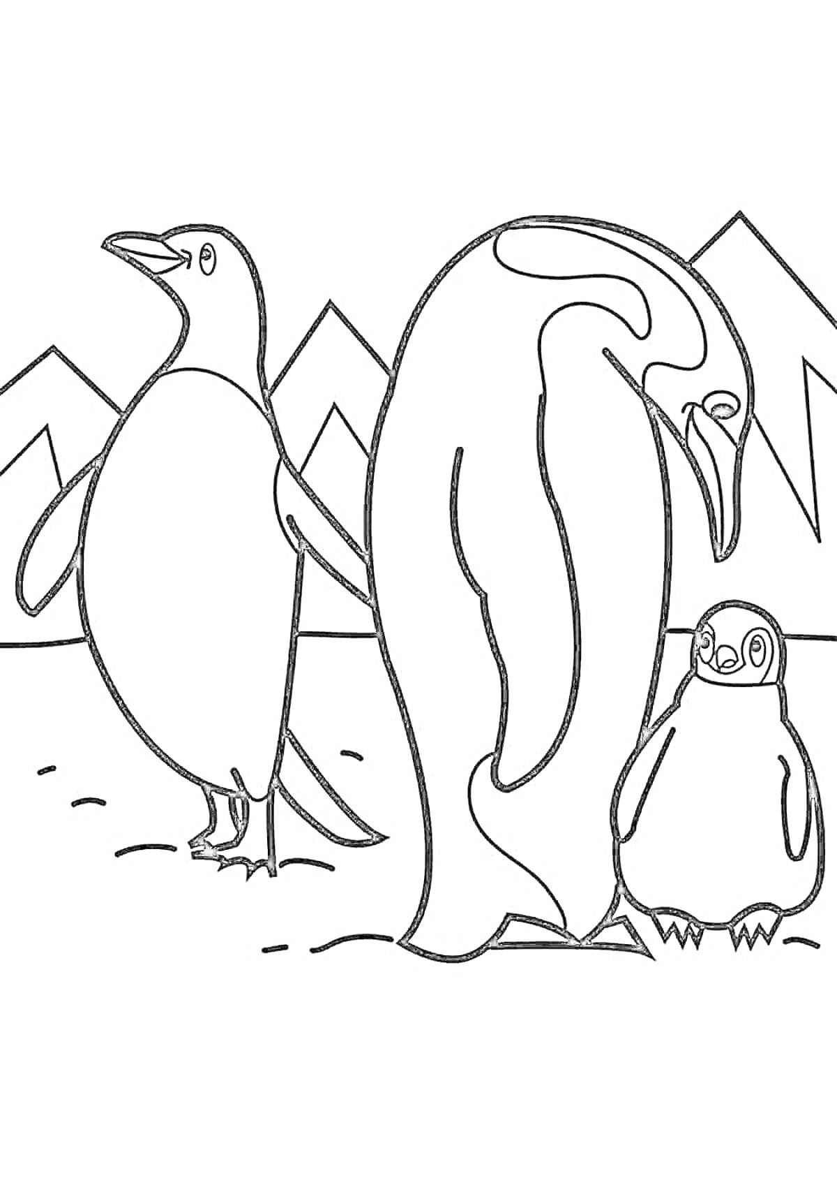 На раскраске изображено: Пингвины, Животные, Антарктида, Взрослый пингвин, Горы, Снег, Природа