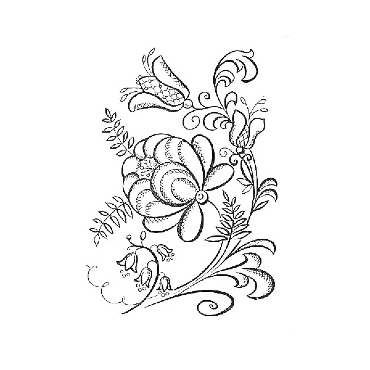 Раскраска Цветочная композиция с крупными цветами, мелкими цветочками, завитками и листочками в стиле Гжель