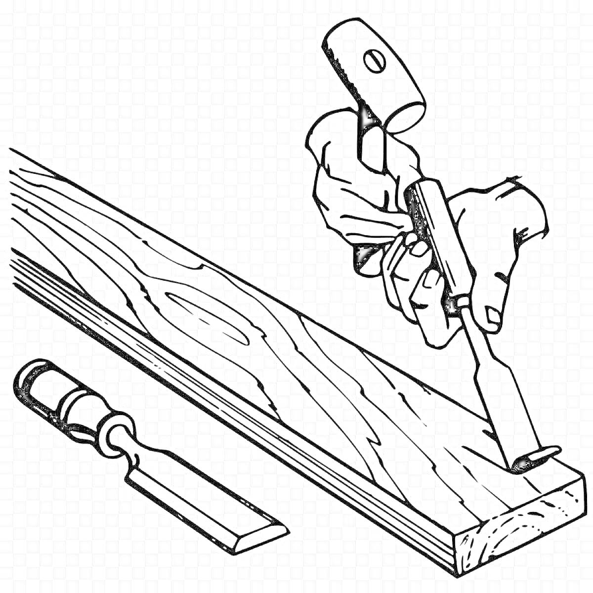 На раскраске изображено: Плотник, Молоток, Деревянная доска, Деревообработка