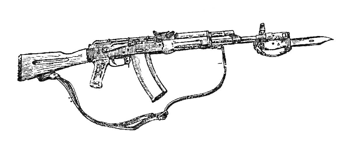 На раскраске изображено: Автомат, АК-74, Оружие, Приклад, Магазин, Ремень, Штык
