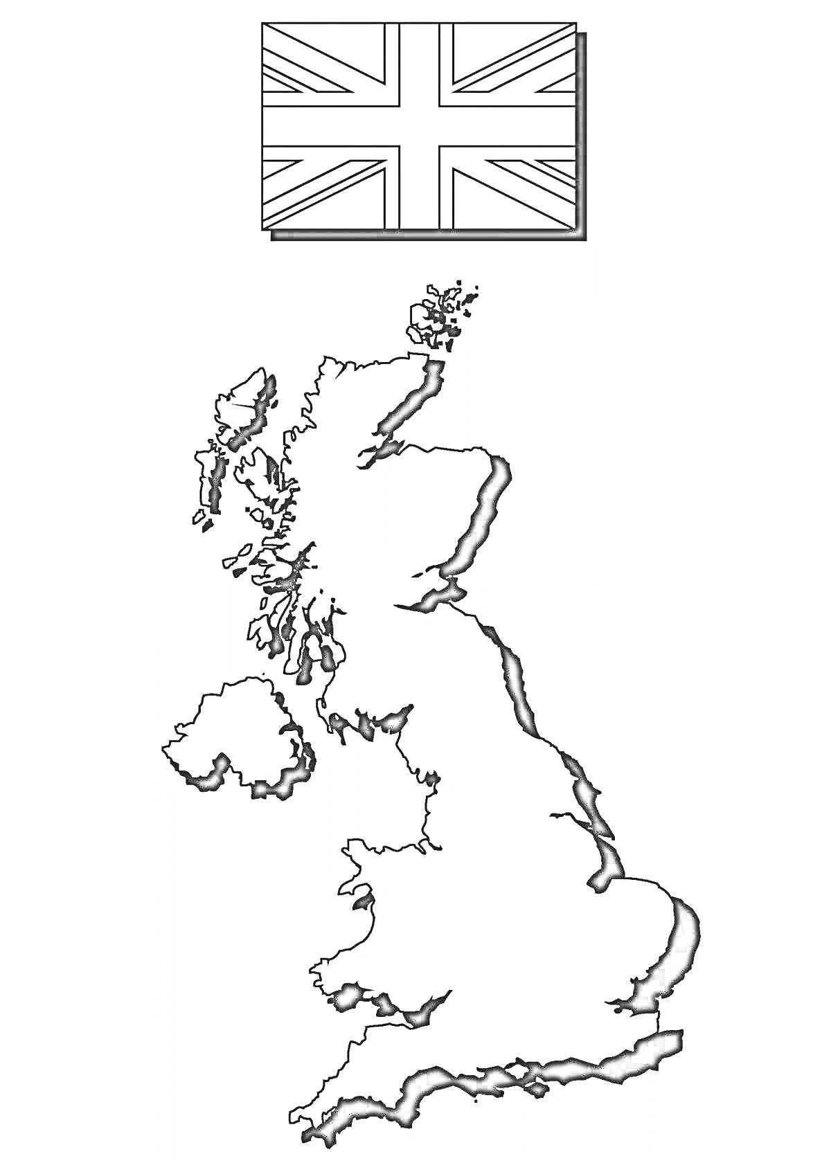 Раскраска Карта Великобритании с флагом