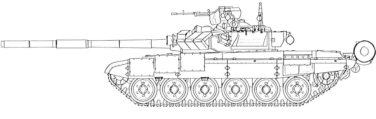 На раскраске изображено: Танк, Т-72, Военная техника, Гусеницы, Орудие, Оружие