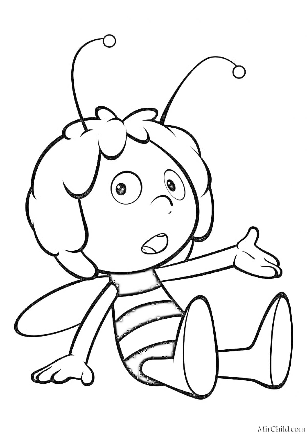 Раскраска Раскраска с пчелкой, сидящей на земле с поднятой рукой